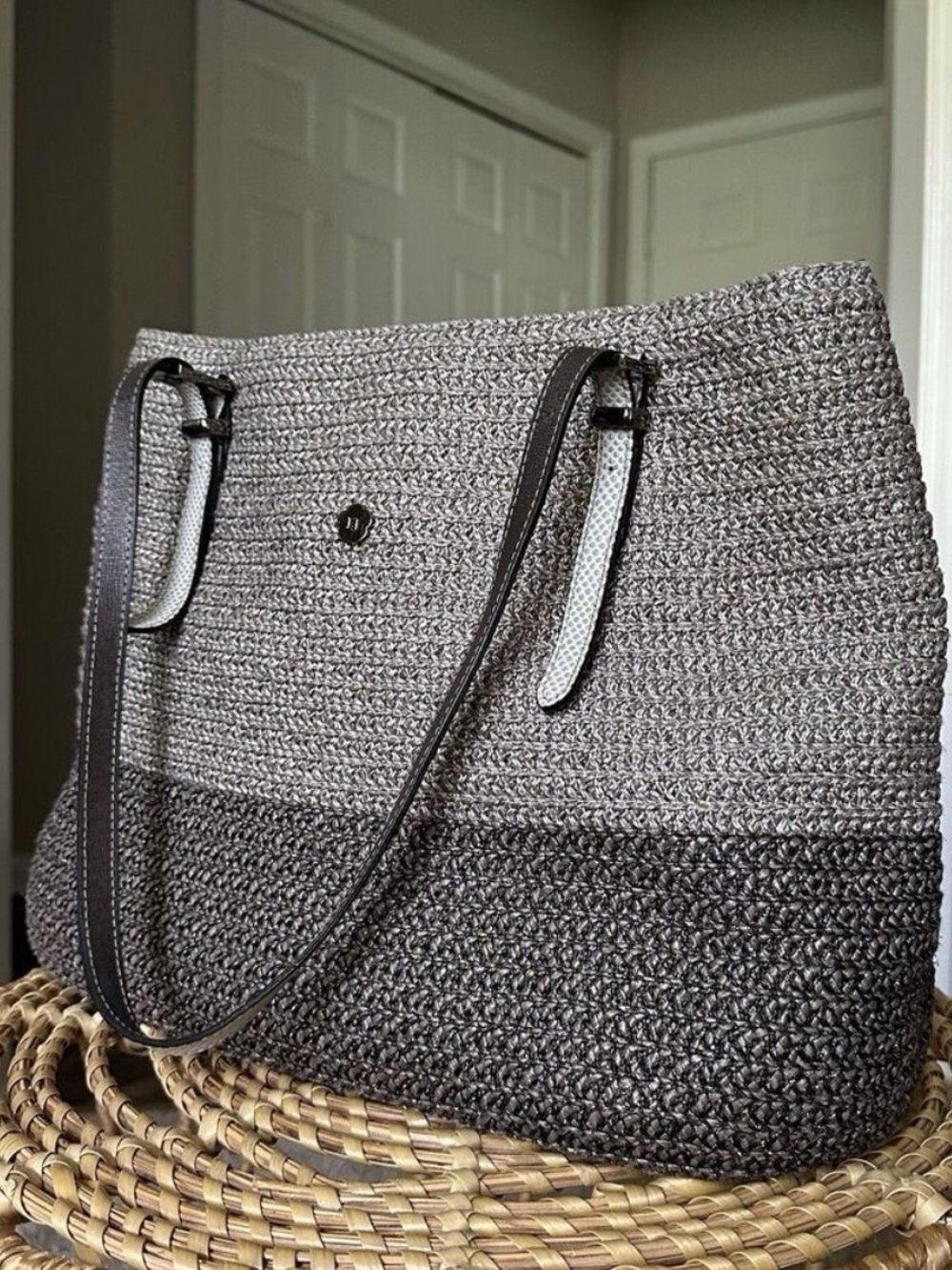 Eric Javits Silver Raffia Woven Tote Shoulder Bag